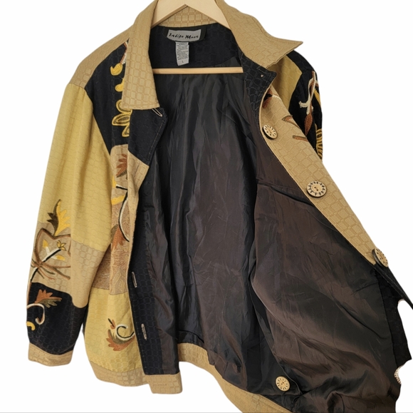 Vintage 90’s Jacket Lagenlook Black Tan Color Block Embroidered Patchwor… - Picture 7 of 16